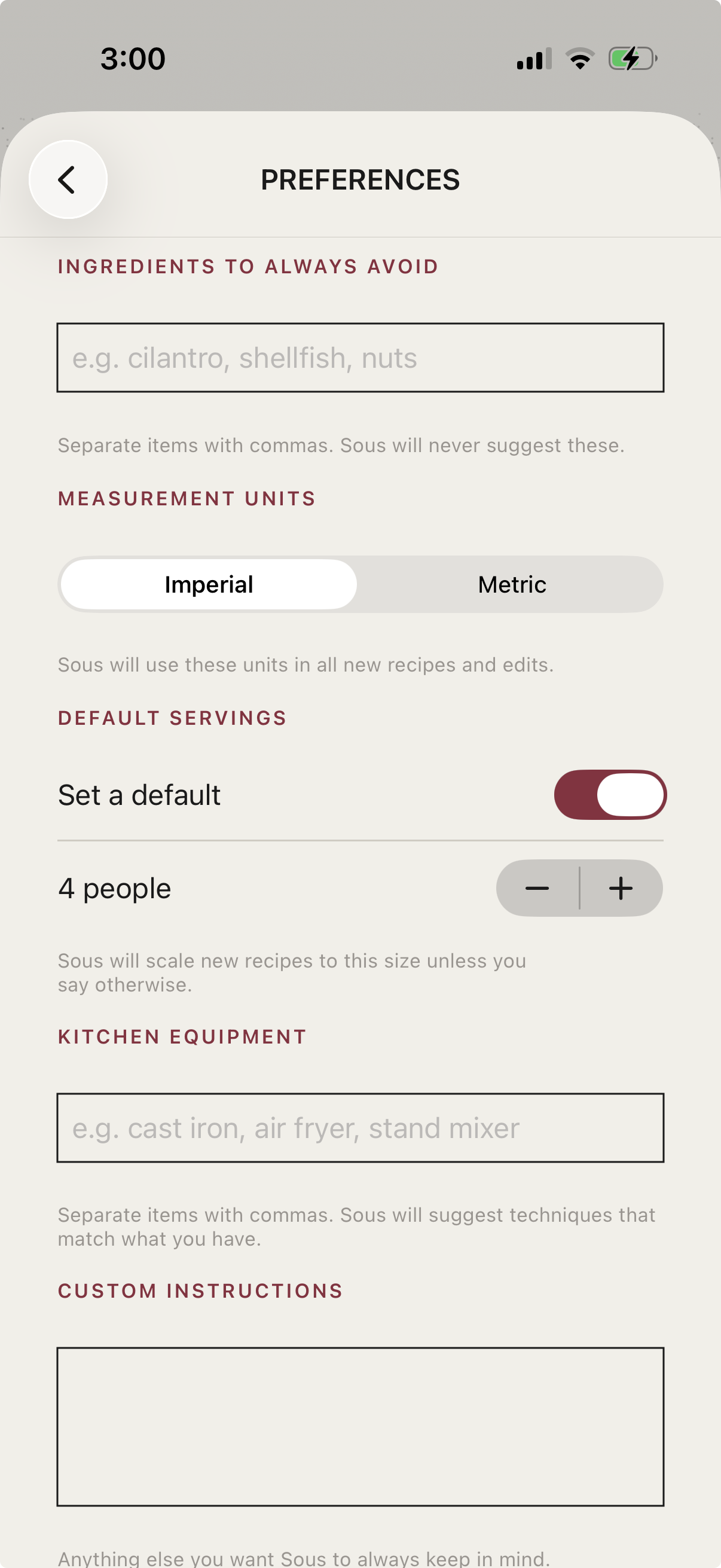 Sous preferences: ingredients to avoid, default servings, kitchen equipment