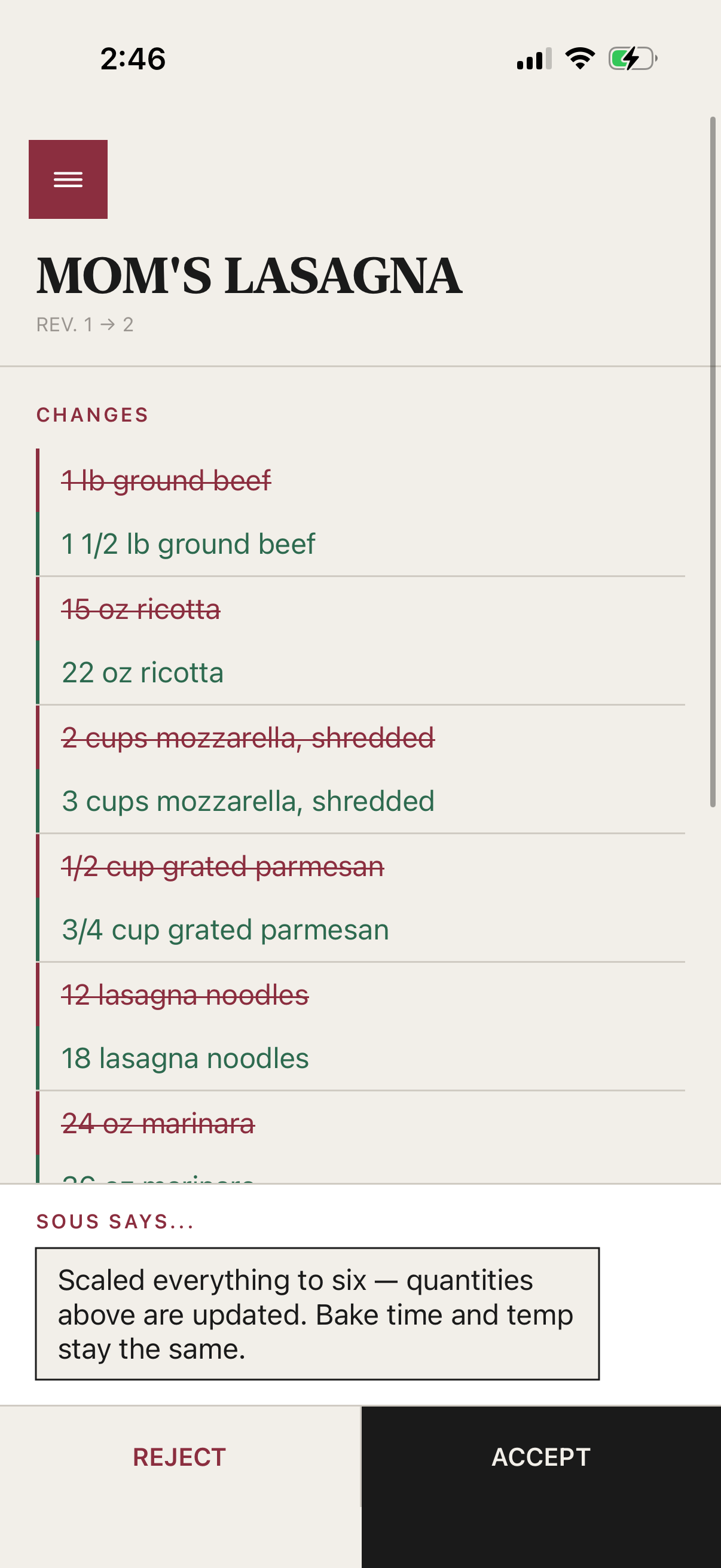 Sous scaling a lasagna recipe from four to six servings