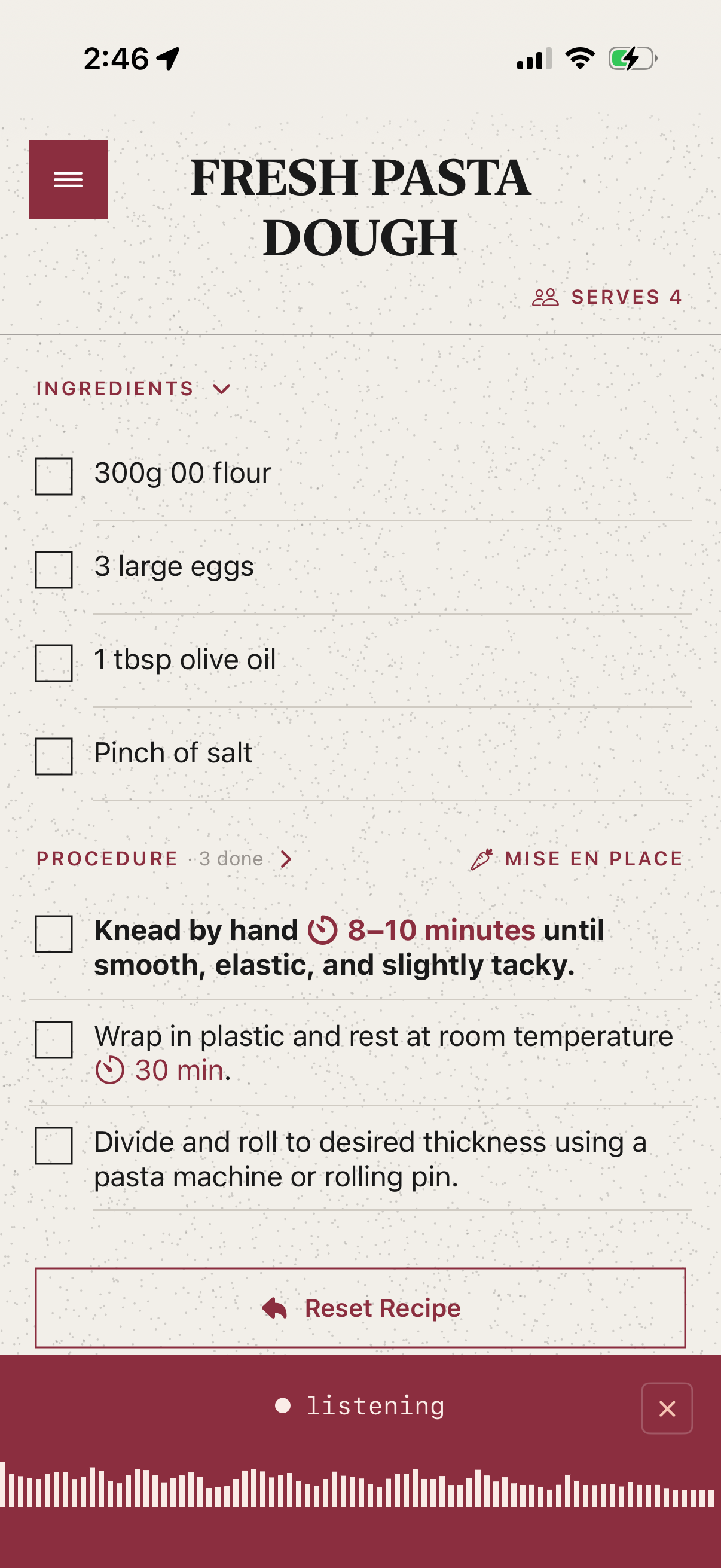 Sous listening in voice mode while making pasta dough